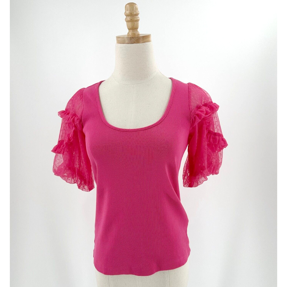 Maeve Anthropologie Womens Sheer Puff Shoulder Top Small Coquette Romantic Pink